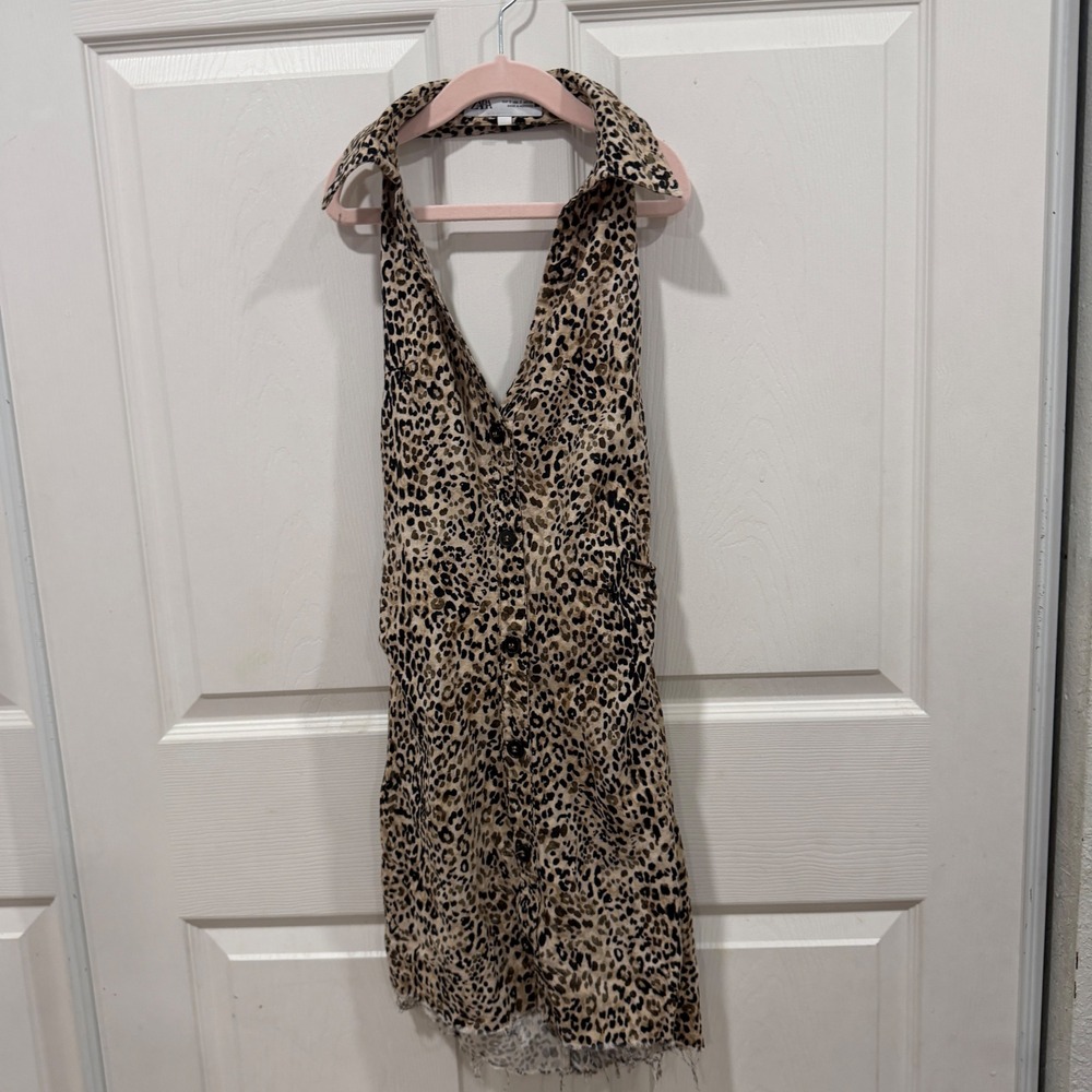 Zara Leopard Print Halter Mini Dress Ruched Button Front Raw Hem Small 2587/152